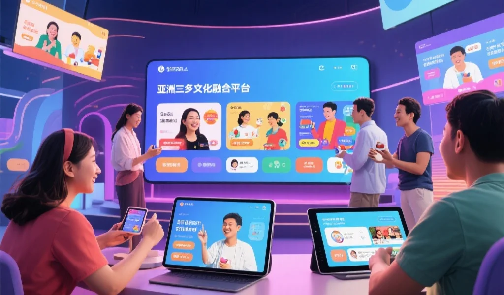 亚洲多元文化融合的娱乐平台场景，用户在不同设备上愉快互动，屏幕显示丰富内容，体现平台包容与创新